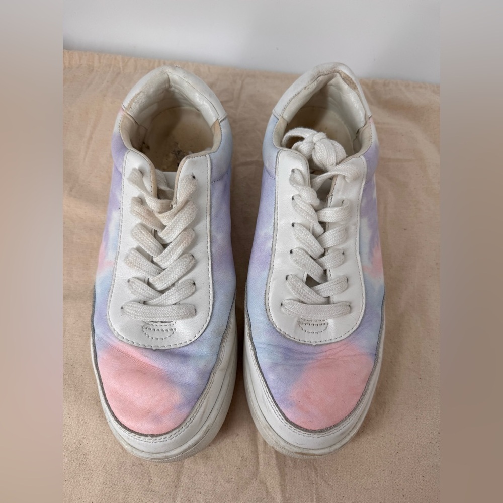 Women’s Leather Tie Dye Sneakers Pastel Pink Blue White Lace Up Casual Shoes - Picture 3 of 4
